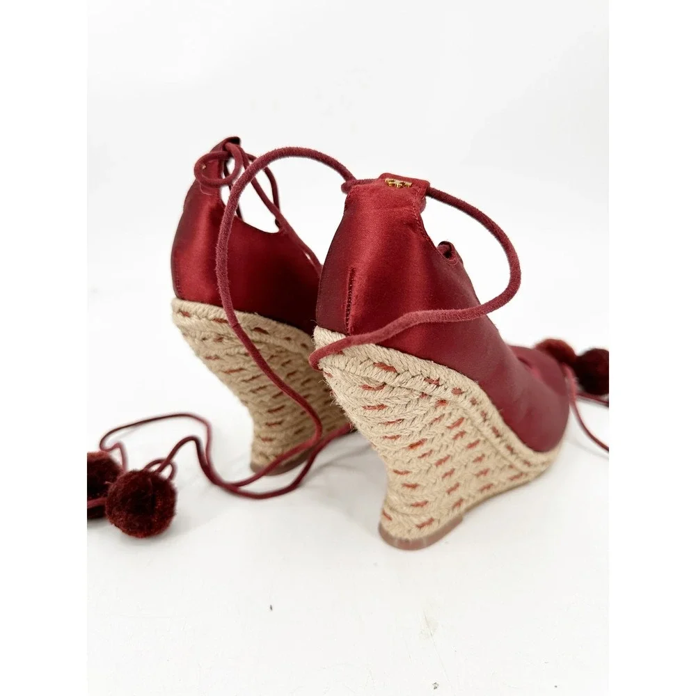 Tory Burch Red Pom Pom‎ Lace Up Satin Wedges Espadrille Size 7
